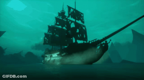 A Pirate Ship Is Floating In The Water With A Flag On The Mast GIF