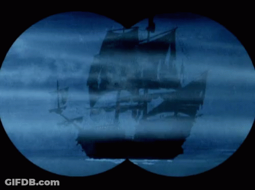 A Pirate Ship Is Seen Through Binoculars With A Bird On Top Of It GIF