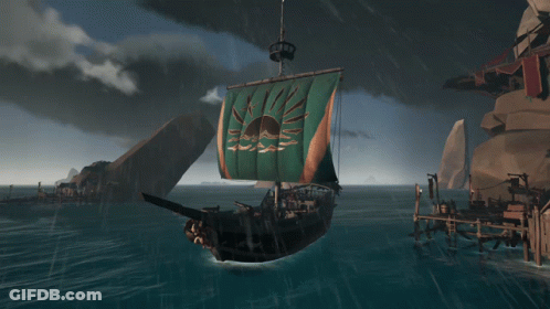 A Pirate Ship With A Blue Sail And A Sun On It GIF