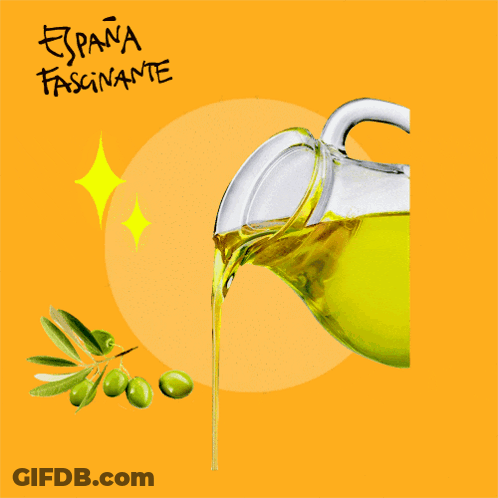 A Pitcher Of Olive Oil Is Poured On A Yellow Background With Espana Fascinante Written On It GIF