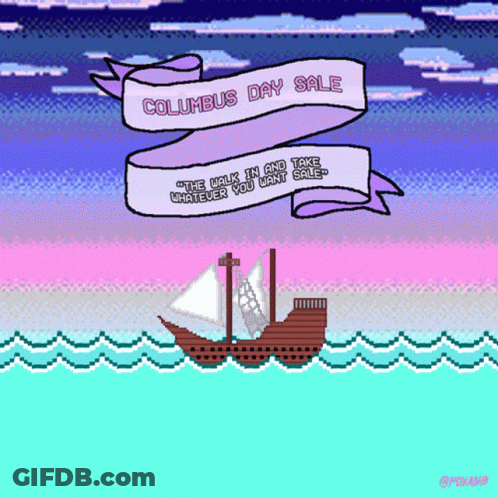 A Pixel Art Advertisement For Columbus Day Sale With A Sailboat In The Water GIF