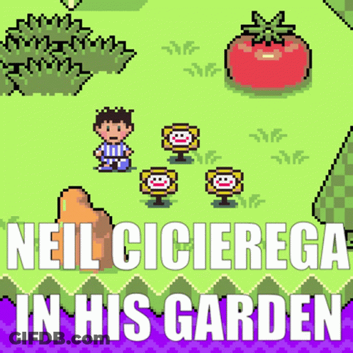 A Pixel Art Advertisement For Neil Cicierega In His Garden GIF