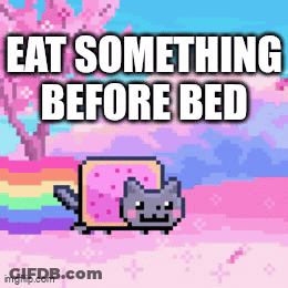 A Pixel Art Cat With The Words Eat Something Before Bed GIF