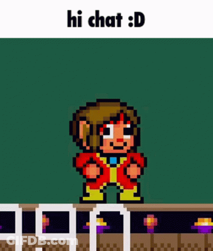 A Pixel Art Character Is Standing In Front Of A Green Background With The Words Hi Chat : D Above Him . GIF