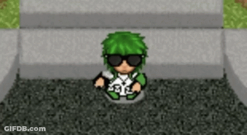 A Pixel Art Character With Green Hair And Sunglasses Is Sitting On The Ground In A Video Game . GIF