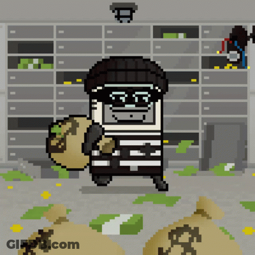 A Pixel Art Drawing Of A Bandit Holding A Bag Of Money GIF