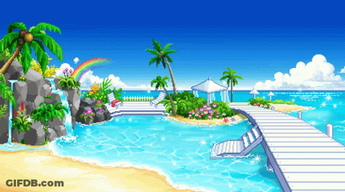 A Pixel Art Drawing Of A Beach With A Waterfall GIF