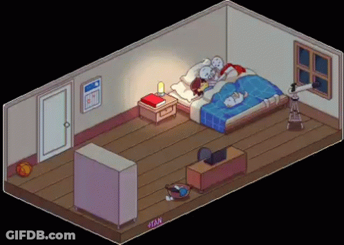 A Pixel Art Drawing Of A Bedroom With Two Beds And A Desk GIF
