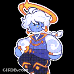 A Pixel Art Drawing Of A Blue And White Character With A Yellow Halo Around His Head GIF