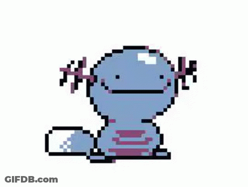A Pixel Art Drawing Of A Blue Axolotl With A Purple Tail . GIF