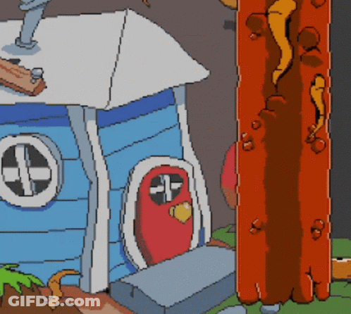 A Pixel Art Drawing Of A Blue House With A Red Door And Stairs GIF