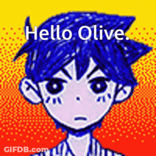 A Pixel Art Drawing Of A Boy With Blue Hair And The Words `` Hello Olive '' Written Above Him . GIF
