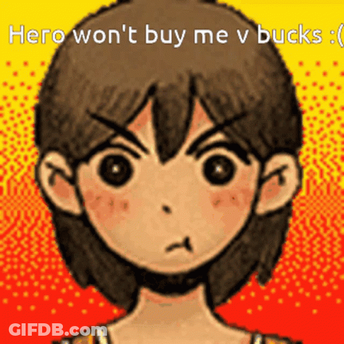 Pixel Art Boy With Hero Won't Buy Me V Bucks Text GIF