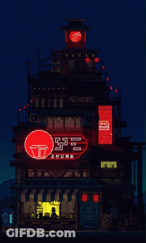A Pixel Art Drawing Of A Building With A Sign That Says ' Noodles ' On It GIF