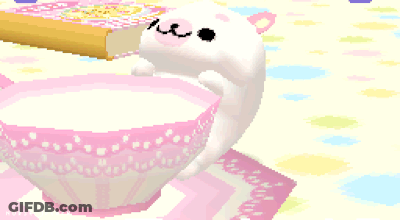A Pixel Art Drawing Of A Bunny Eating A Piece Of Cake Next To A Bowl Of Milk GIF
