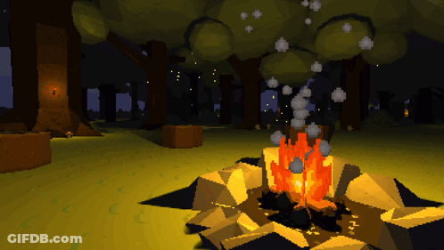 A Pixel Art Drawing Of A Campfire In The Woods GIF