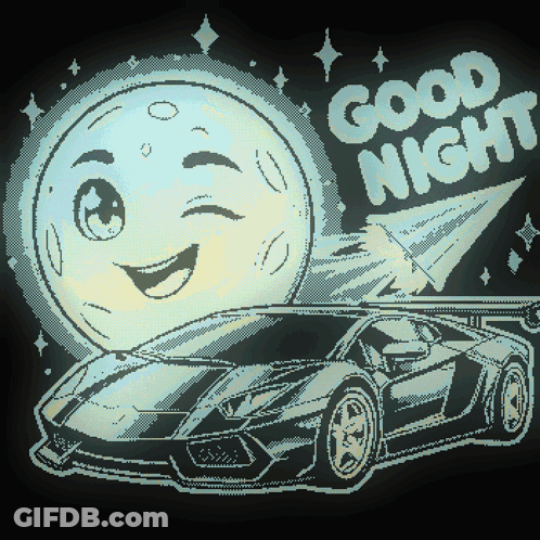 A Pixel Art Drawing Of A Car And A Moon With The Words Good Night GIF