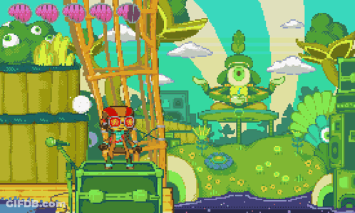 A Pixel Art Drawing Of A Cartoon Character Sitting On A Box GIF
