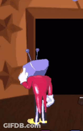 A Pixel Art Drawing Of A Cartoon Character With A Purple Head GIF