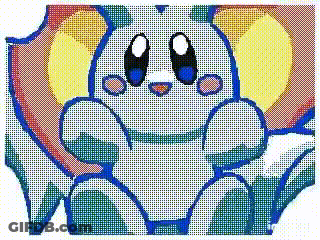 A Pixel Art Drawing Of A Cartoon Character With A Rainbow Colored Umbrella . GIF