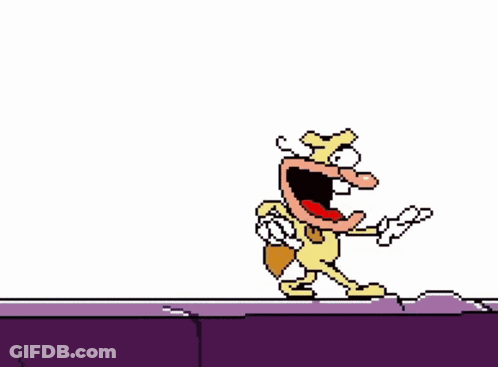 A Pixel Art Drawing Of A Cartoon Character With The Word Pmg Written On The Wall Behind Him GIF