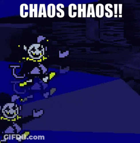A Pixel Art Drawing Of A Cartoon Character With The Words `` Chaos Chaos ! '' GIF