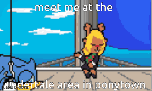 A Pixel Art Drawing Of A Cartoon Character With The Words Meet Me At The Undertale Area In Ponytown GIF