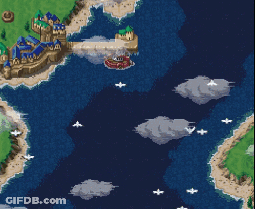 A Pixel Art Drawing Of A Castle On A Cliff Overlooking A Body Of Water GIF