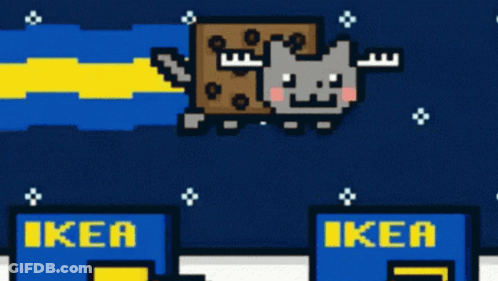 A Pixel Art Drawing Of A Cat Flying Through The Air With Ikea Signs Below It GIF