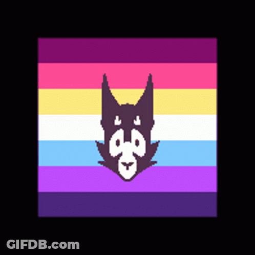 A Pixel Art Drawing Of A Cat 'S Face On A Rainbow Flag GIF