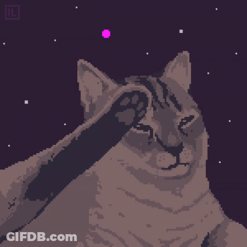 A Pixel Art Drawing Of A Cat Saluting With A Purple Background GIF