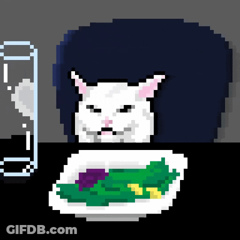 A Pixel Art Drawing Of A Cat Sitting At A Table With A Plate Of Food GIF