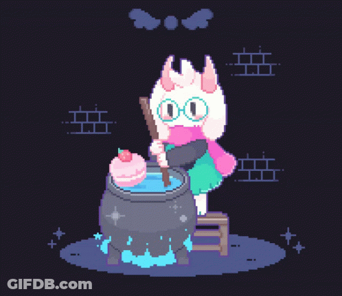 A Pixel Art Drawing Of A Cat Sitting Next To A Cauldron With A Cake In It GIF