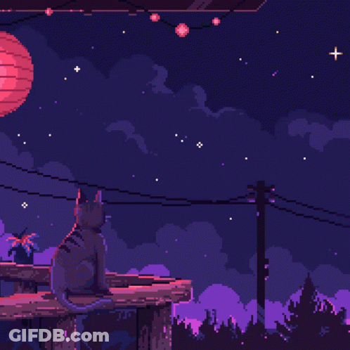 A Pixel Art Drawing Of A Cat Sitting On A Railing At Night GIF
