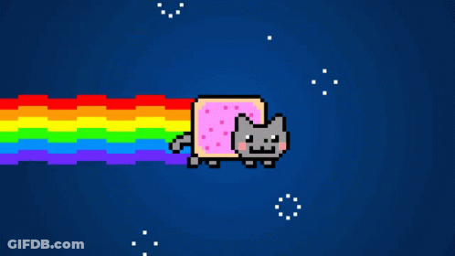 A Pixel Art Drawing Of A Cat With A Rainbow Coming Out Of Its Mouth GIF
