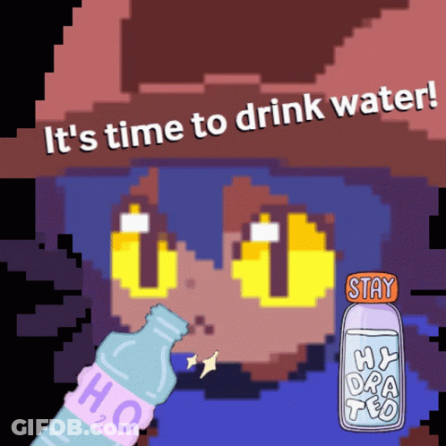 A Pixel Art Drawing Of A Cat With The Words " It 'S Time To Drink Water " Above It GIF