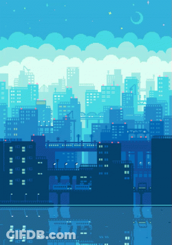 A Pixel Art Drawing Of A City At Night With A Crescent Moon In The Sky GIF