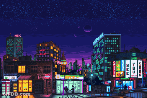 A Pixel Art Drawing Of A City At Night With A Sign That Says Mox GIF