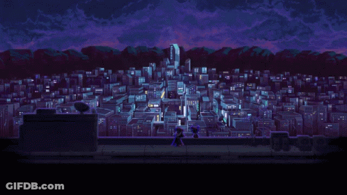 A Pixel Art Drawing Of A City At Night With Mountains In The Background GIF