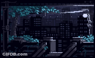 A Pixel Art Drawing Of A City At Night With Trees In The Foreground . GIF