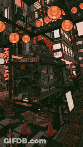 A Pixel Art Drawing Of A City With A Sign That Says ' Chinese Food ' On It GIF