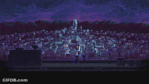 A Pixel Art Drawing Of A City With Mountains In The Background GIF