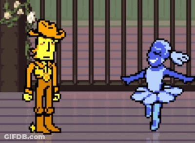 A Pixel Art Drawing Of A Cowboy And A Ballerina Dancing GIF