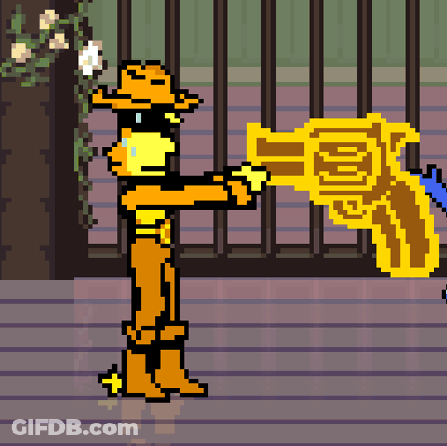 A Pixel Art Drawing Of A Cowboy Holding A Gold Gun GIF