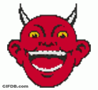A Pixel Art Drawing Of A Devil 'S Face With Horns And A Big Smile . GIF