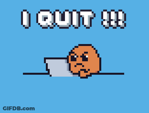 A Pixel Art Drawing Of A Dog With The Words Quit In White Letters On A Blue Background GIF
