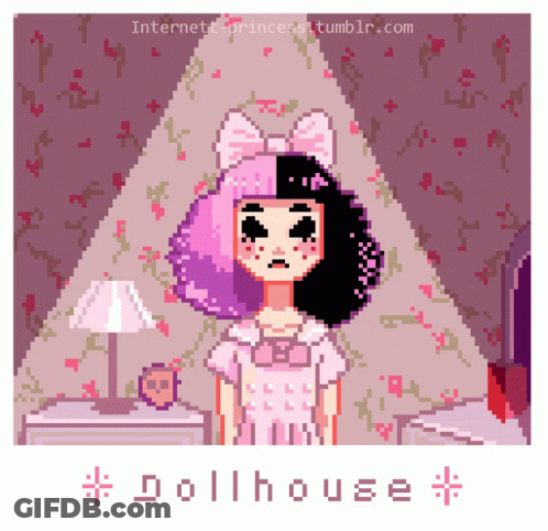 A Pixel Art Drawing Of A Doll With The Words Dollhouse Below It GIF