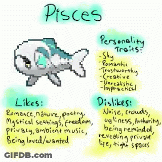 A Pixel Art Drawing Of A Fish With The Word Pisces At The Top GIF