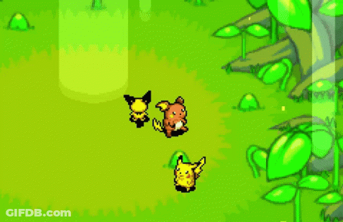 A Pixel Art Drawing Of A Fox And Two Pikachu In A Forest GIF