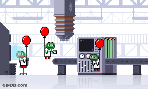 A Pixel Art Drawing Of A Frog Holding A Red Balloon In A Factory GIF